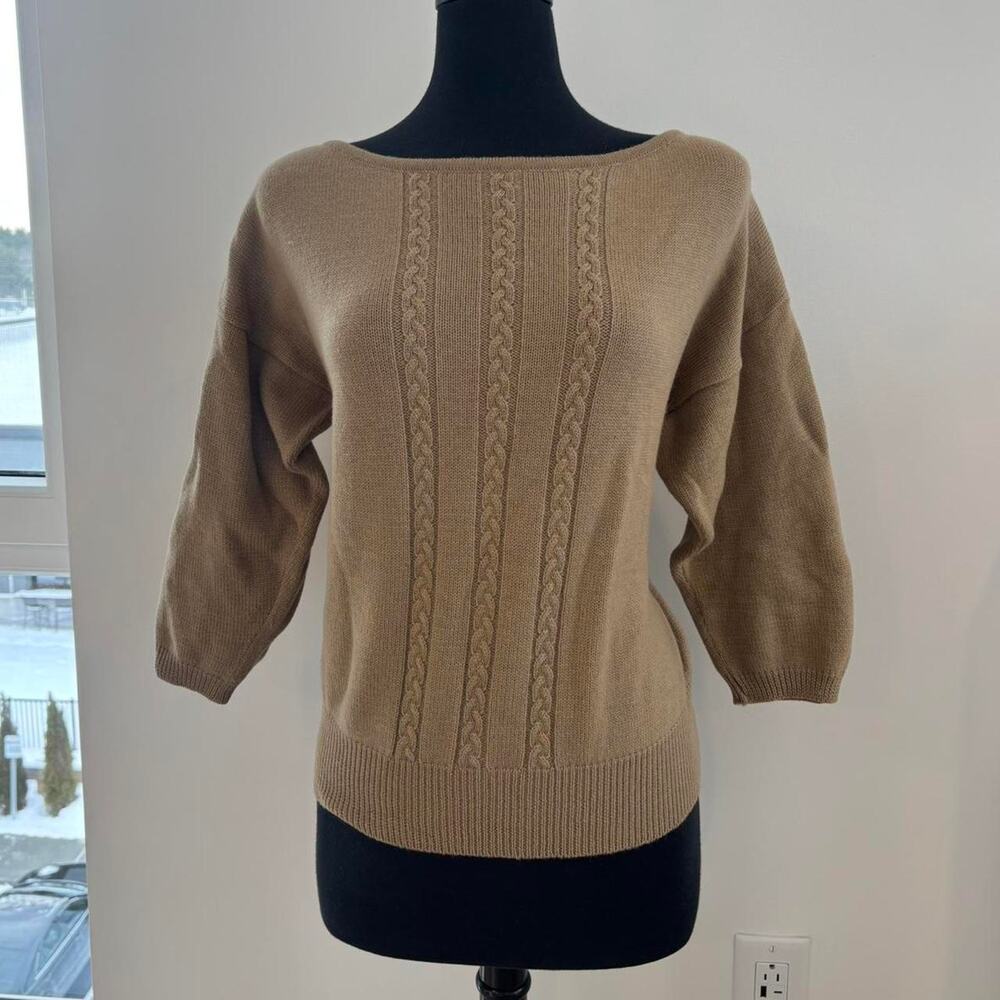 Evan Picone Brown Butterscotch 100% Wool Warm Sweater, 3/4 Sleeves Sz Large